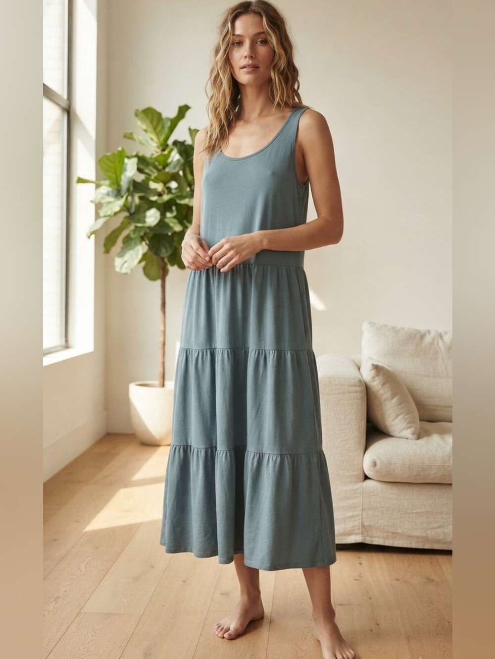 J.Crew Re-Imagined Dusty Blue Cotton Tiered Tank Max Dress Small